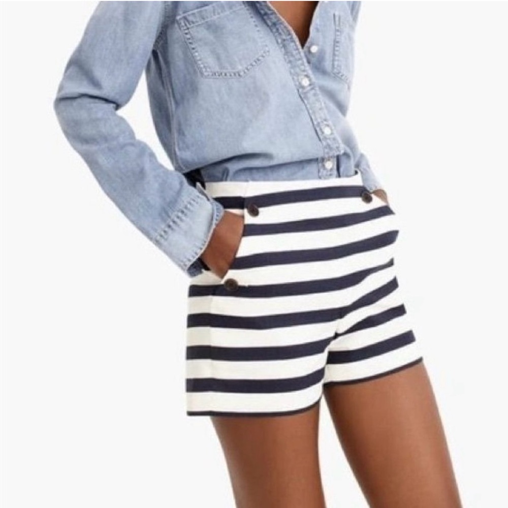J. Crew Navy and White Striped High-Waist Shorts - Picture 1 of 8